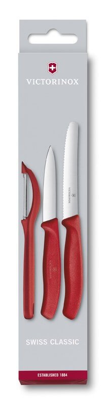 Červená souprava nožů a škrabky