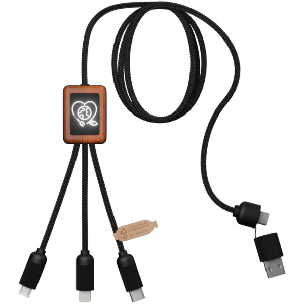 Nabíjecí kabel 3v1 z rPET se svítícím logem a hranatým dřevěným pouzdrem SCX.design C38