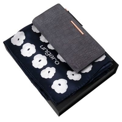 Set Giada (šedá dámská peněženka & tmavě modrý hedvábný šátek)