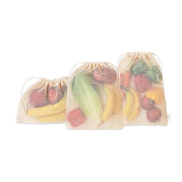 3-dílná sada síťovaných bavlněných tašek na potraviny s vlastní etiketou