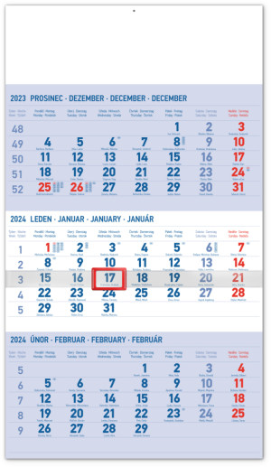 Nástěnný kalendář 3měsíční standard modrý – s českými jmény CZ 2024 - Reklamnepredmety
