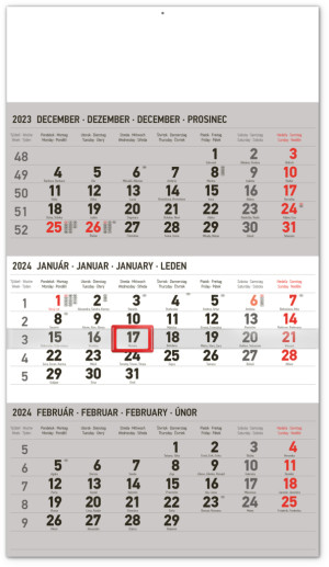 Nástěnný kalendář 3měsíční standard šedý – se slovenskými jmény 2024 - Reklamnepredmety