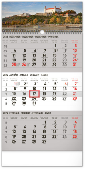 Nástěnný kalendář 3-měsíční Bratislava šedý – se slovenskými jmény 2024 - Reklamnepredmety