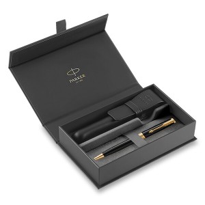 Parker Sonnet Black GT guľôčkové pero, darčeková kazeta s koženým puzdrom - Reklamnepredmety