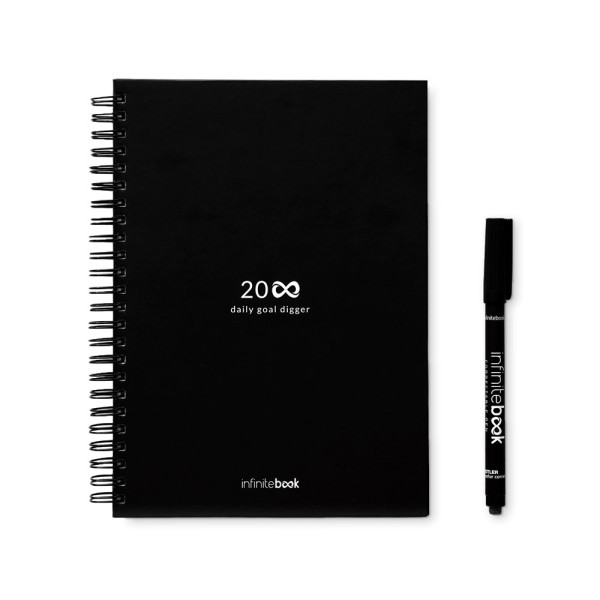 STARTER KIT INFINITE PLANNER A5. Sada obsahuje nekonečný diář A5, čisticí sadu, fix a držák na popisovače