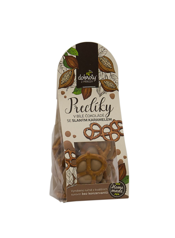 Slané preclíky v bílé čokoládě se slaným karamelem