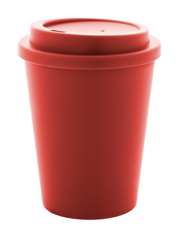 Dvoustěnný termo hrnek izolovaný PP plastem s víčkem k pití. 300 ml.