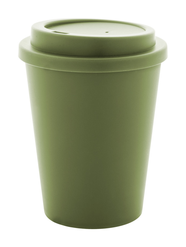 Dvoustěnný termo hrnek izolovaný PP plastem s víčkem k pití. 300 ml.