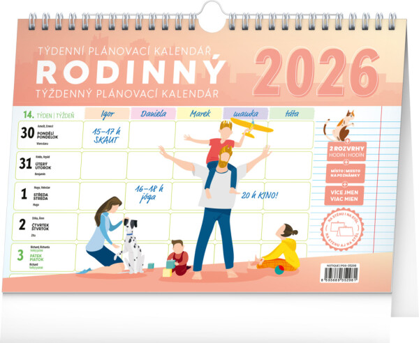 NOTIQUE Týdenní rodinný plánovací kalendář s háčkem CZ/SK 2026, 30 x 21 cm