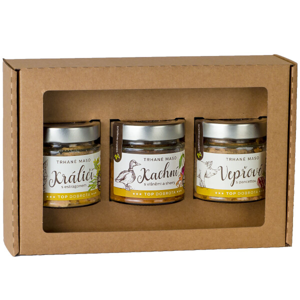 Dárková sada – Trhané kachní maso s višněmi a Sherry, Trhané králičí maso s estragonem a Trhané vepřové maso s pancettou