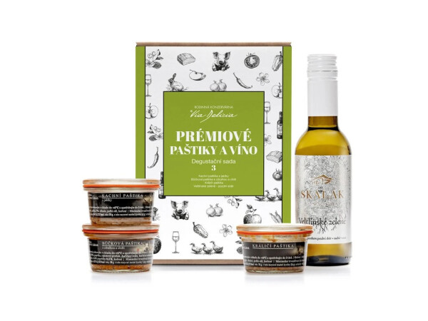 Prémiové paštiky a víno – degustační sada 3 (bůčková, kachní, králičí, Veltlínské zelené)