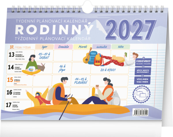 NOTIQUE Týdenní rodinný plánovací kalendář s háčkem CZ/SK 2027, 30 x 21 cm