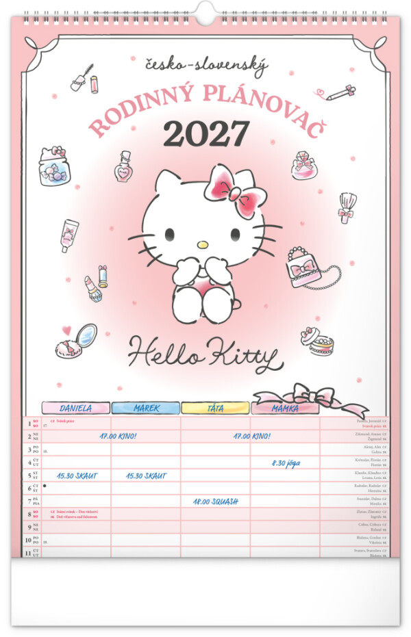 NOTIQUE Nástěnný kalendář Rodinný plánovací Hello Kitty XL CZ/SK 2027, 33 x 46 cm