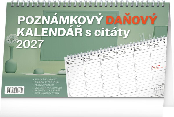NOTIQUE Stolní kalendář Poznámkový daňový s citáty CZ 2027, 25 x 14,5 cm