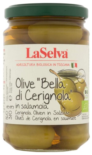 Velké zelené olivy "Bella di Cerignola" ve slaném nálevu 310 g — různé barvy