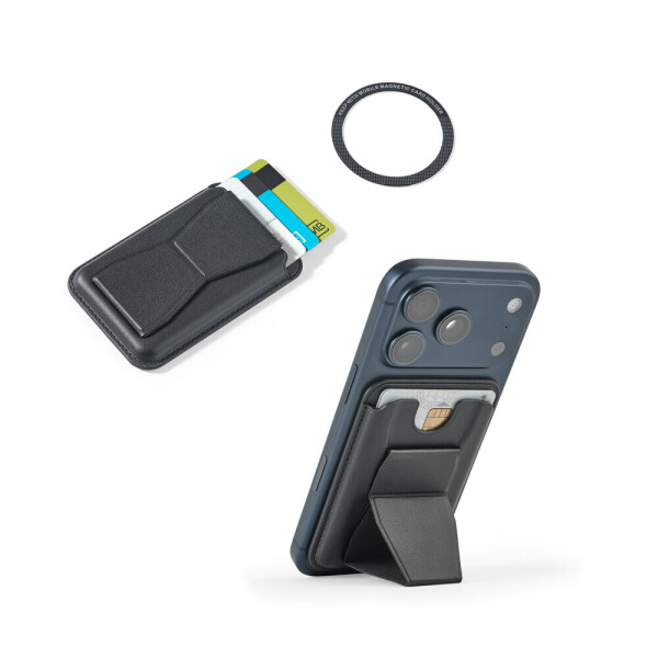 CONNOR. Magnetické pouzdro na karty vyrobené z PU kůže, snadno se připevňuje na zadní stranu mobilního telefonu, s RFID blokováním