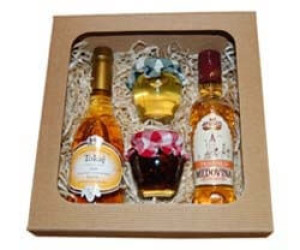 Sada med, brusinky v medu, medovina, tokajské víno v krabici z vlnité lepenky - Reklamnepredmety