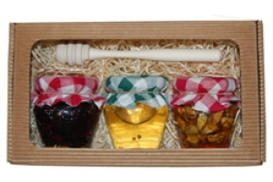 Sada med, oříšky a sušené ovoce v medu s meduňkou v krabici z vlnité lepenky - Reklamnepredmety