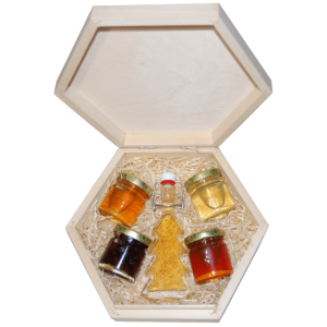 2 druhy medu, oříšky a sušené brusinky v medu s medovinou v šestiúhelníkové kazetě s uzavíratelným víkem - Reklamnepredmety